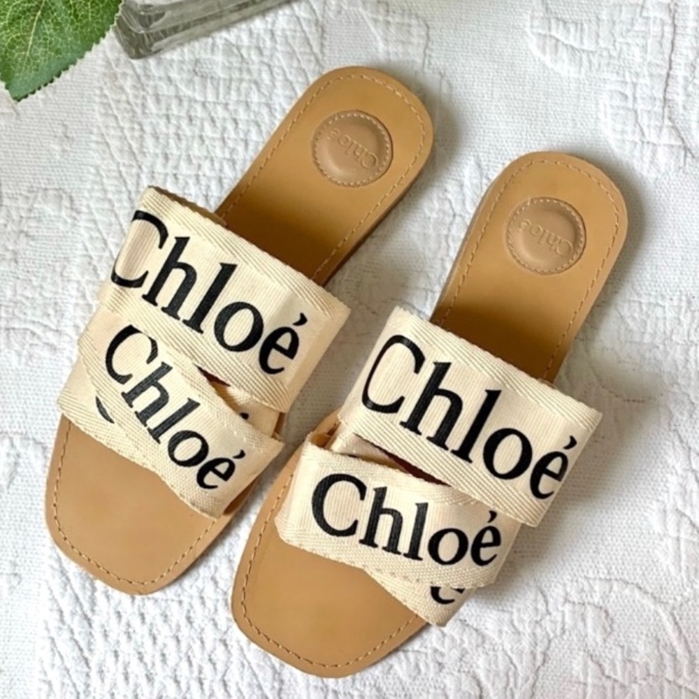 Chloe Woody Flat Mule Linen Signature Sandals 37 US 7